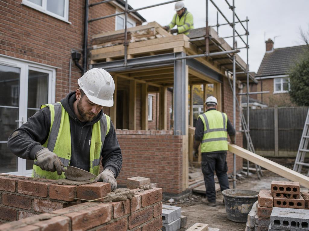 Construction team working on a residential building extension