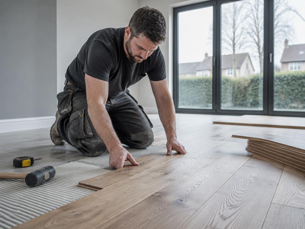 Flooring installer fitting premium wooden flooring