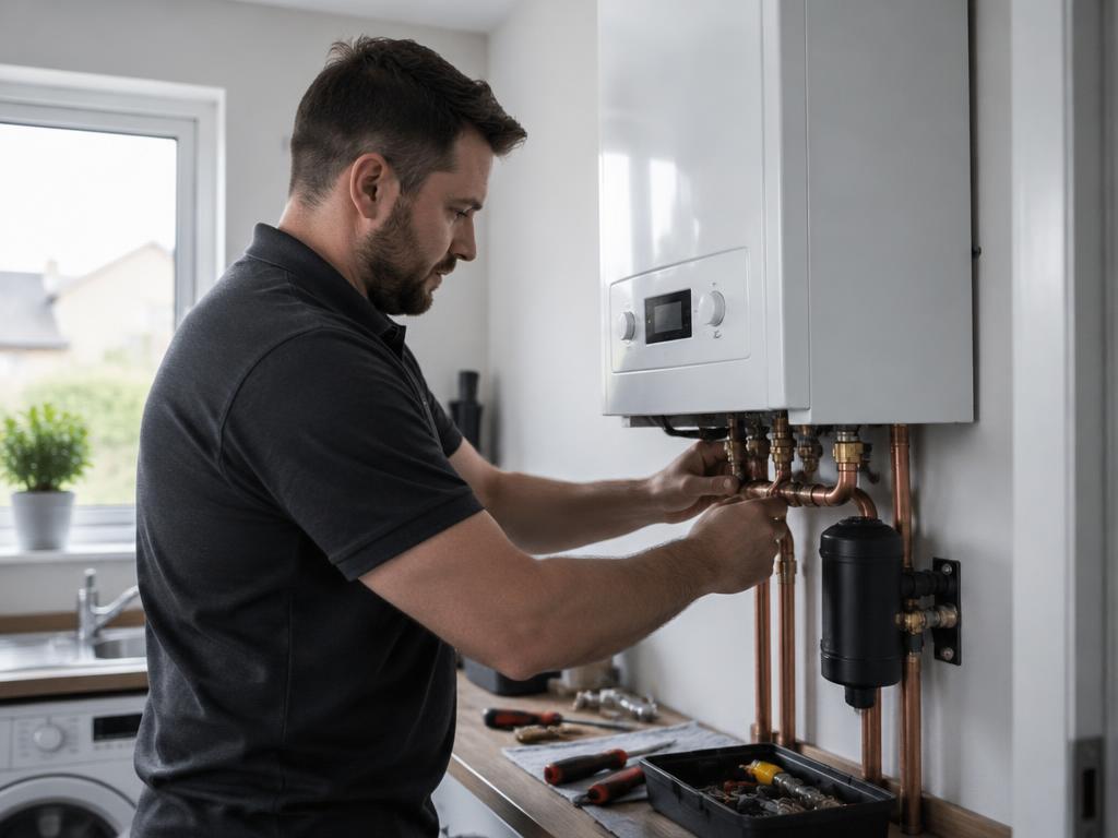 Heating engineer working on a modern boiler installation