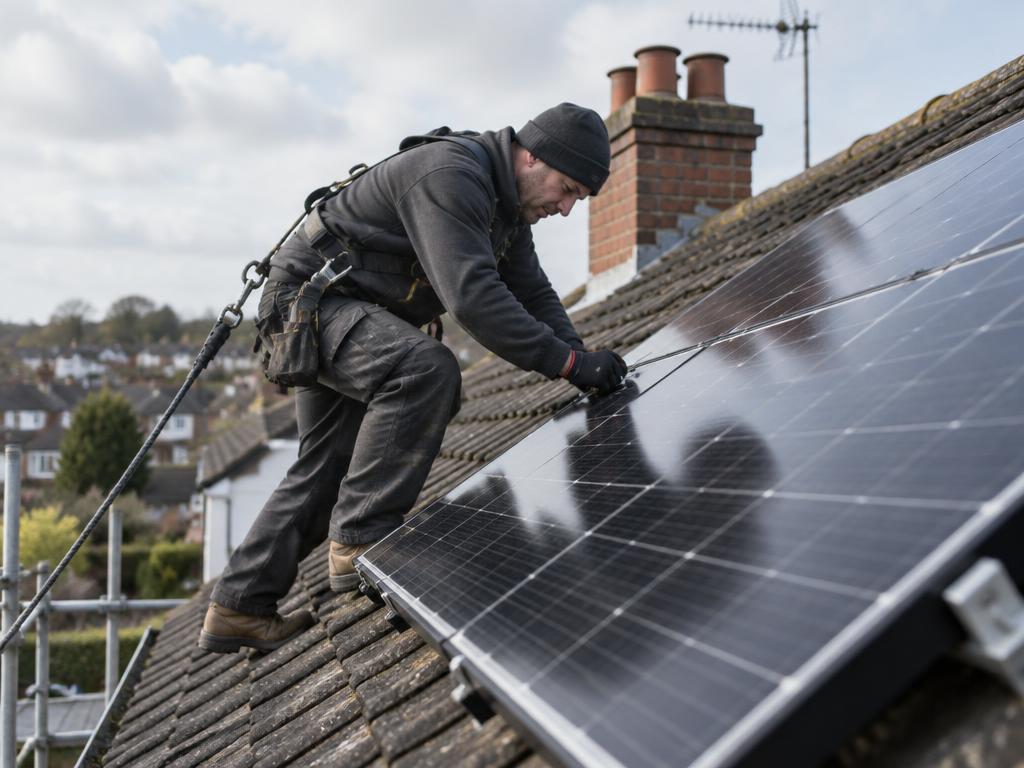 Solar installer working on residential rooftop solar panels